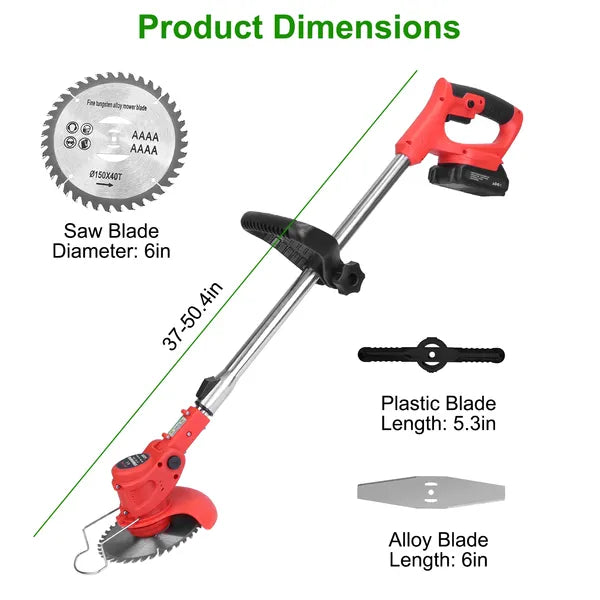 Rechargeable Cordless Grass Trimmer with Alloy Blades & Safety Gear