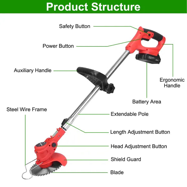 Rechargeable Cordless Grass Trimmer with Alloy Blades & Safety Gear